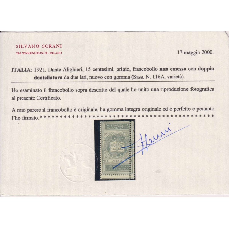 REGNO D'ITALIA 1921 DANTE NON EMESSO VARIETA' N.116A G.I MNH** CERT...