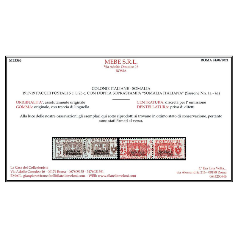 SOMALIA 1917-19 PACCHI POSTALI 5 - 25 c. DOPPIA SOPRASTAMPA 1a 4a G...