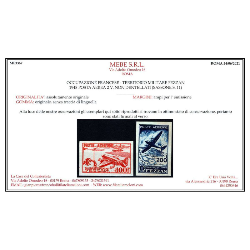 OCCUPAZIONI FEZZAN 1948 POSTA AEREA 2 V. NON DENTELLATI S.11 G.I. M...