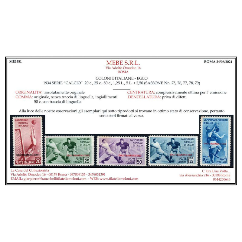 EGEO 1934 CALCIO 9 VALORI G.I MNH** INGIALLIMENTI/ 50C. ORD. G.O* C...