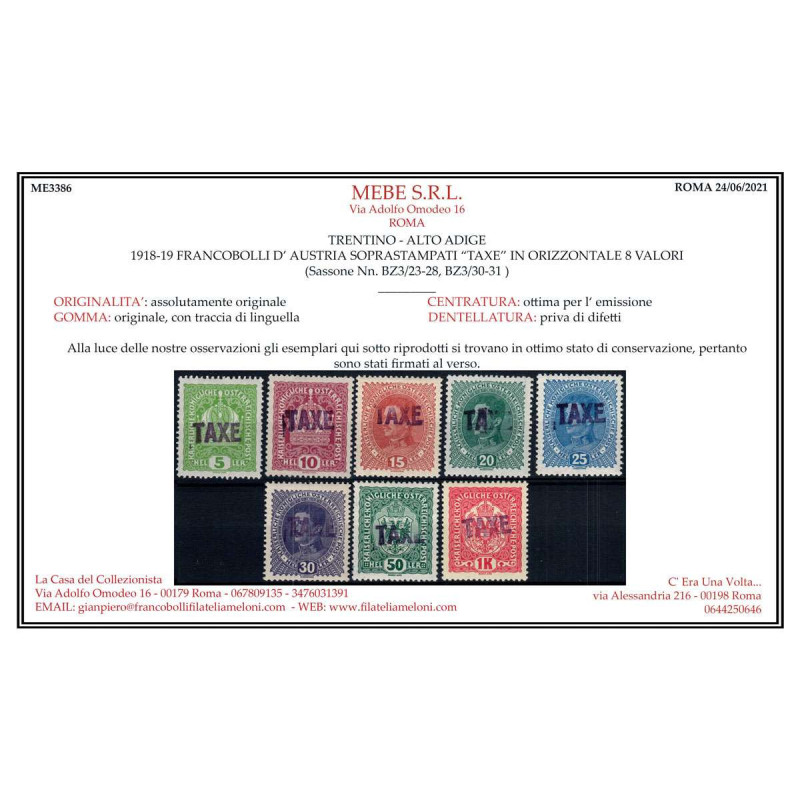 TRENTINO-ALTO ADIGE 1918-19 SOPR. TAXE ORIZZONTALE 8 V. G.O MH* CER...