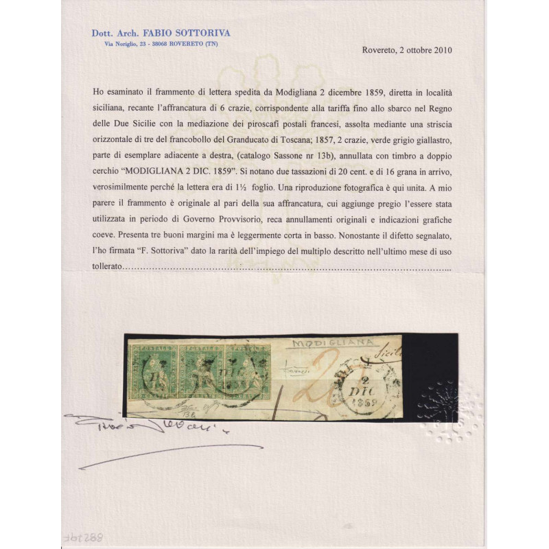 TOSCANA 1857 STRISCIA 2 CRAZIE N.13b USATA NEL GOVERNO PROVVISORIO ...