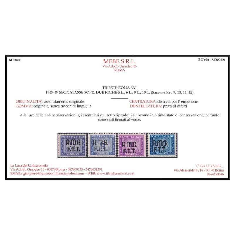 TRIESTE ZONA A 1947-49 SEGNATASSE 11 VALORI G.I MNH** CERT.  | Fila...