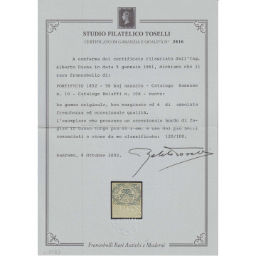 STATO PONTIFICIO 1852 50 BAJ. N.10 G.O. MLH* BORDO FOGLIO 2 CERT.  ...