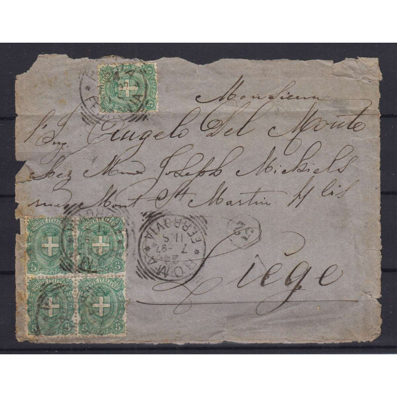 REGNO D'ITALIA 1896-97 STEMMA QUARTINA 5 CENTESIMI USATA SU FRAMMEN...