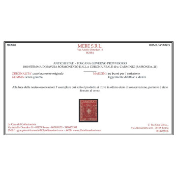 TOSCANA 1860 GOVERNO PROVVISORIO 40 CENTESIMI N.21 S.G CERT.  | Fil...