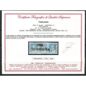 1851 TOSCANA 2 CR. (5) STRISCIA DI 3 ANNULLO DI PREGIO LEGGERE CERT...