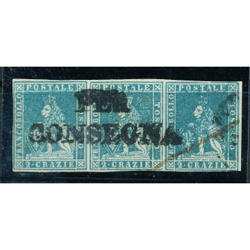 1851 TOSCANA 2 CR. (5) STRISCIA DI 3 ANNULLO DI PREGIO LEGGERE CERT...