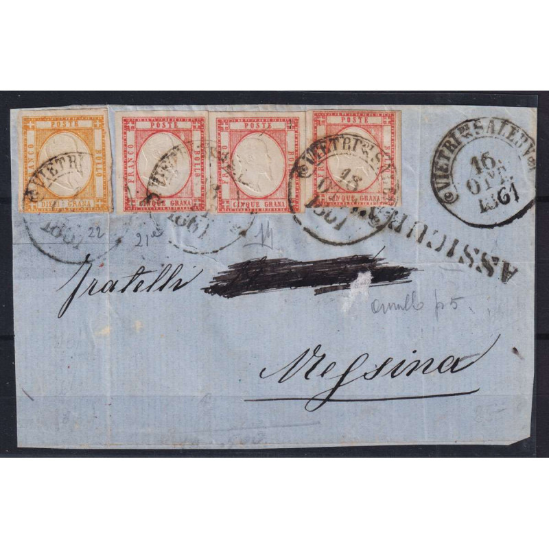 PROVINCE NAPOLETANE 1861 5 GRANA 3 V. + 10 GRANA SU FRAMMENTO DI AS...