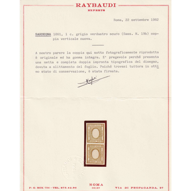 SARDEGNA 1861 PER STAMPATI COPPIA 1 CENT. VERDASTRO CON VARIETA' G....