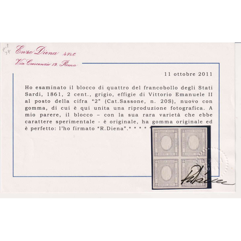 SARDEGNA 1861 PER STAMPATI QUARTINA 1 C. SPERIMENTALE N.20S G.I ** ...