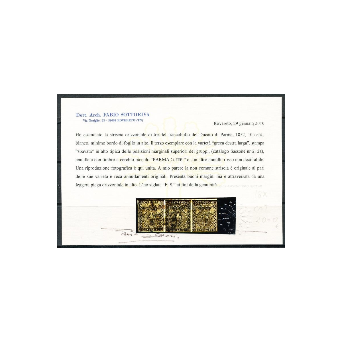 1852 PARMA 10 C. (2a) STRISCIA DI 3 LEGGERA PIEGA LEGGERE CERTIFICA... 1852 PARMA 10 C. (2a) STRISCIA DI 3 LEGGERA PIEGA LEGGERE CERTIFICA...