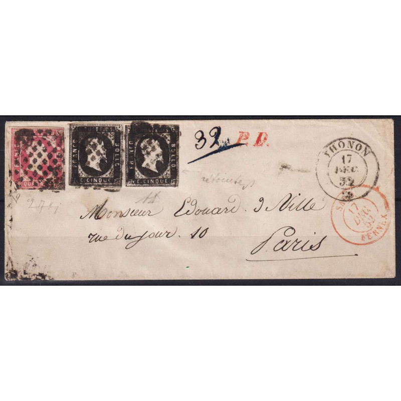 SARDEGNA 1851 5 CENTESIMI + 40 CENTESIMI 3 V. N.1,3 USATI SU BUSTA ...