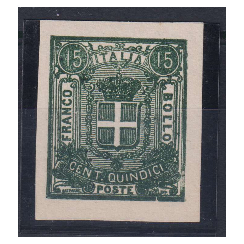 REGNO 1862 SAGGIO SPARRE 15 C. VERDE SCURO N.S4 SENZA GOMMA CERTIFI...
