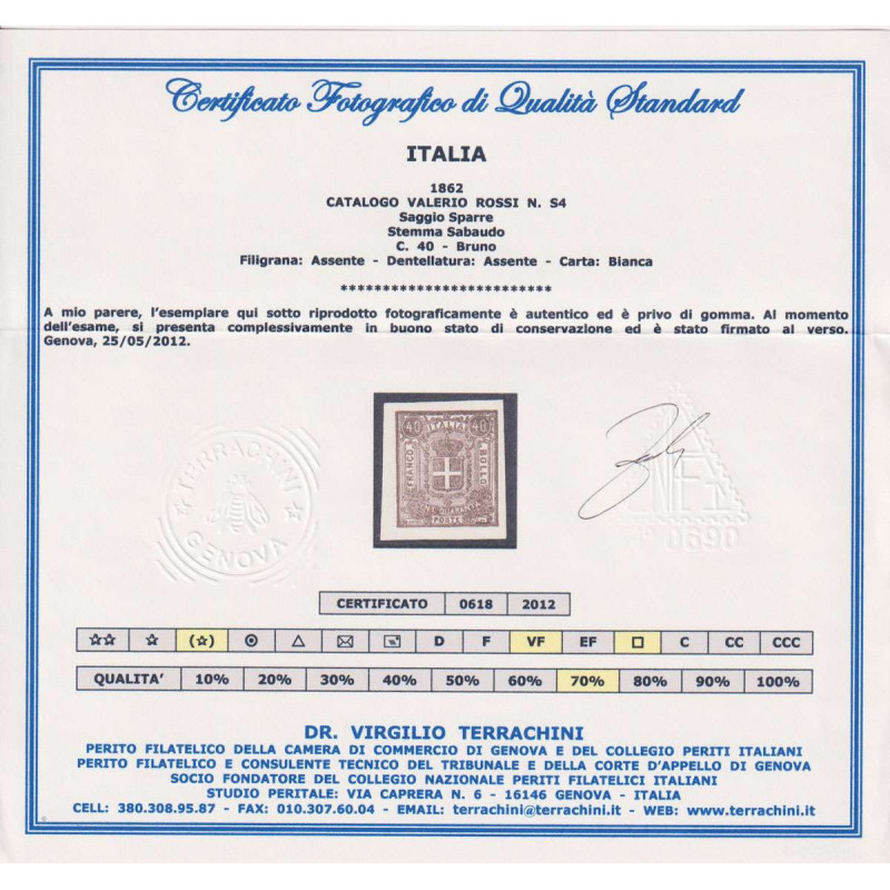 REGNO 1862 SAGGIO SPARRE 40 C. BRUNO N.S4 SENZA GOMMA CERTIFICATO  ...