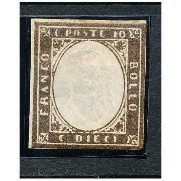 1855 SARDEGNA 10 C. BRUNO OLIVASTRO SCURO (14Bd) MARGINI COMPLETI C...