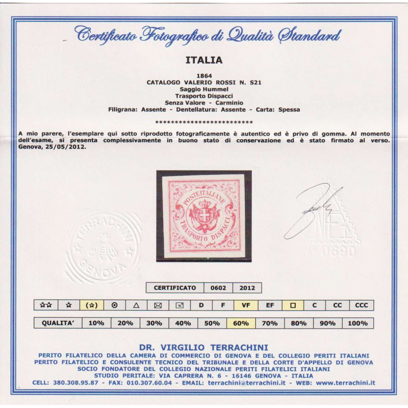 REGNO 1864 SAGGIO HUMMEL TRASPORTO DISPACCI CARMINIO S.G CERT.  | F...