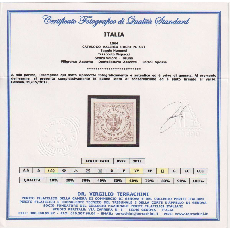 REGNO 1864 SAGGIO HUMMEL TRASPORTO DISPACCI BRUNO S.G CERT.  | Fila...