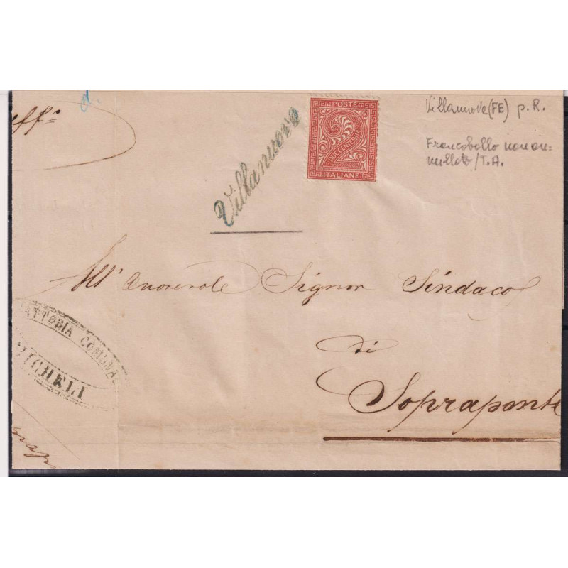 REGNO 1862 2 CENTESIMI N.T15 NON ANNULLATO DA VILLANUOVA IN CORSIVO...