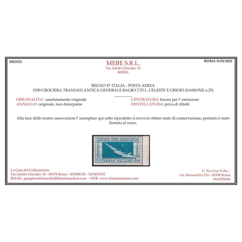 REGNO D'ITALIA 1930 P/A CROCIERA NORD ATLANTICA BALBO 7,70 L. G.I M...