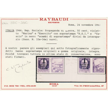 1944 COPPIA 50 c. VIOLETTO (33C-34C) SCAMBI DI SOPR. INTERSPAZIO DI...