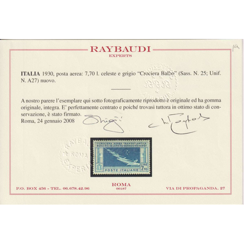 REGNO 1930 CROCIERA BALBO 7,70 L. N.25 G.I MNH** PERFETAMENTE CENTR...