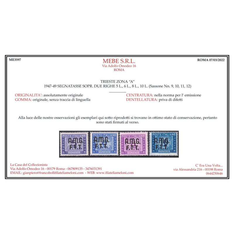 TRIESTE ZONA A 1947-49 SEGNATASSE RUOTA 11 VALORI G.I MNH** CERT.  ...