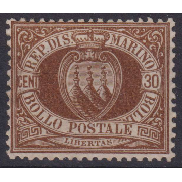 SAN MARINO 1877-90 CIFRA 30 CENTESIMI N.6 G.O MLH* BEN CENTRATO  | ...