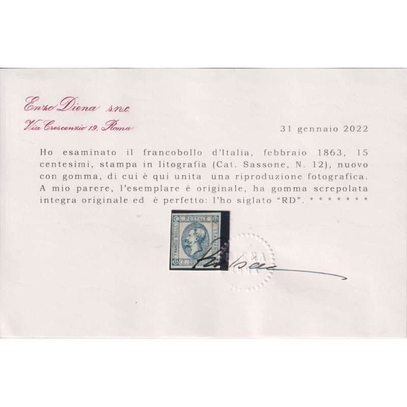 REGNO D'ITALIA 1863 15 CENTESIMI N.12 GOMMA SCREPOLATA G.I MNH** CE...