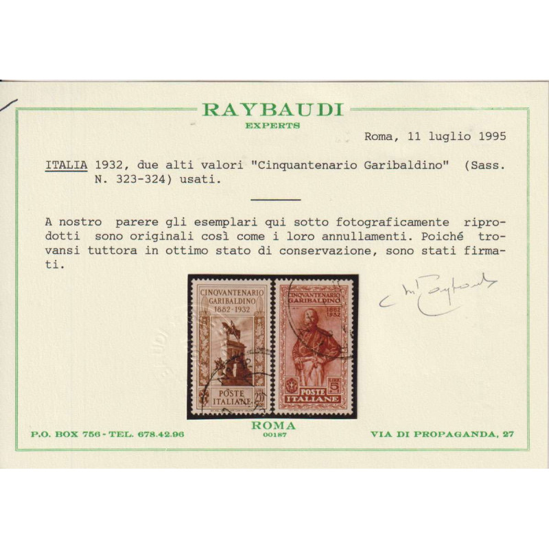 REGNO D'ITALIA 1932 GARIBALDI 17 V. USATI CERT.  | Filatelia Meloni