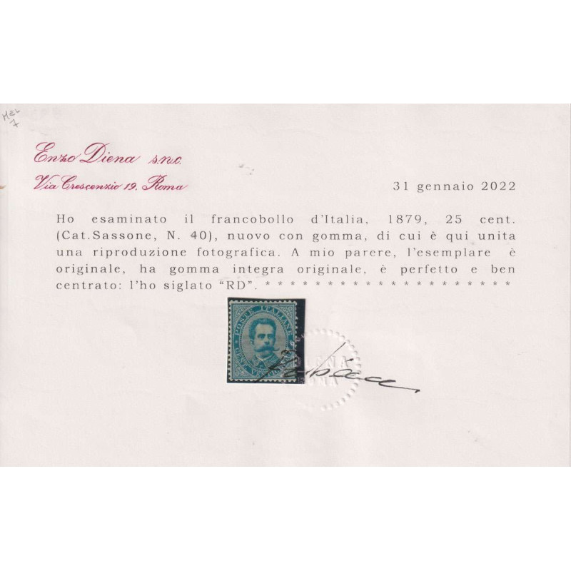 REGNO 1879 UMBERTO I SERIE COMPLETA 7 V. G.I MNH** CERT. CENTRATI  ...