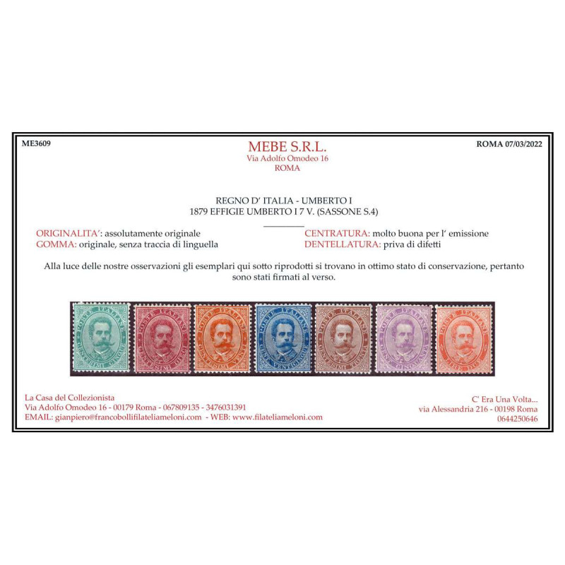 REGNO 1879 UMBERTO I SERIE COMPLETA 7 V. G.I MNH** CERT. CENTRATI  ...