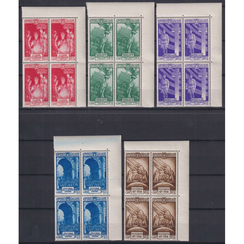 REGNO D'ITALIA 1935 QUARTINE MILIZIA IV 5 V. G.I MNH** ANGOLO FOGLI...