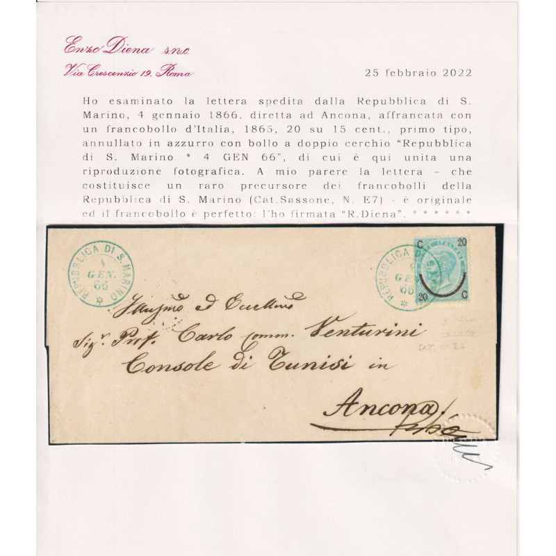 SAN MARINO 1866 PRECURSORI REP. SAN MARINO N.E7 FERRO SU BUSTA CERT...