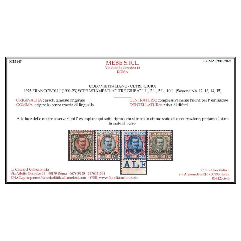 OLTRE GIUBA 1925 SERIE COMPLETA 15 VALORI G.I MNH** CERT.  | Filate...