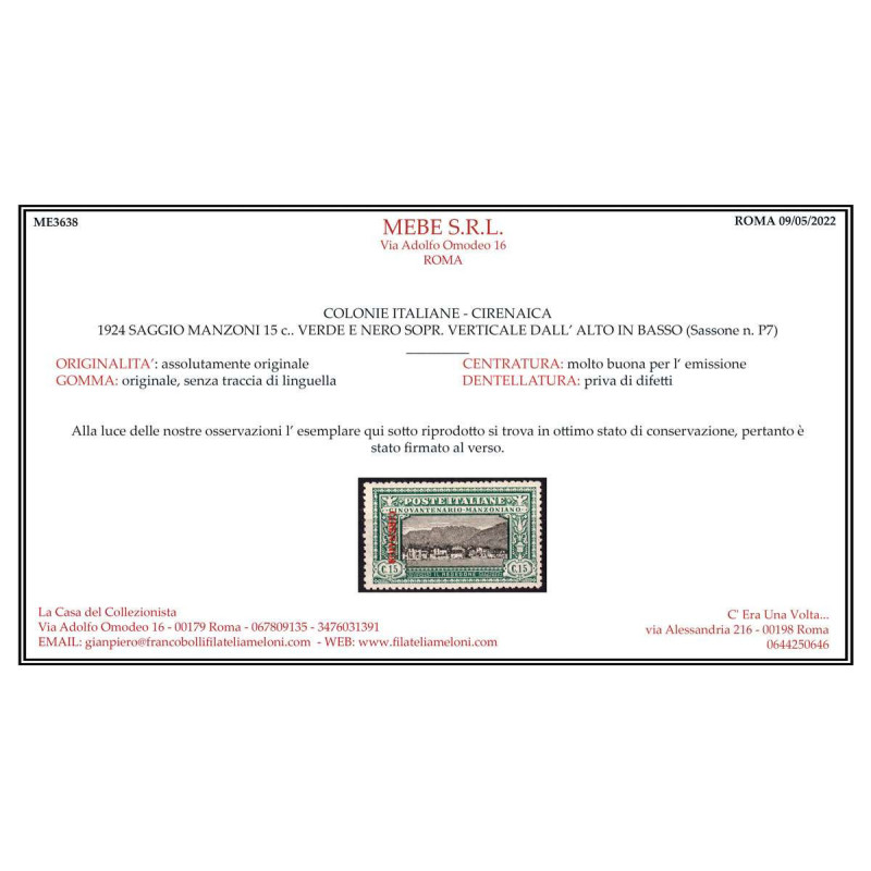 CIRENAICA 1924 MANZONI 15 CENTESIMI VARIETA' SAGGIO N.P7 G.I MNH** ...