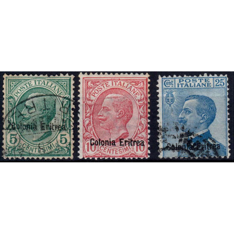 COLONIE 1908-09 ERITREA FRANCOBOLLI D' ITALIA 3 VAL S. 4 G.O. MH*/U...