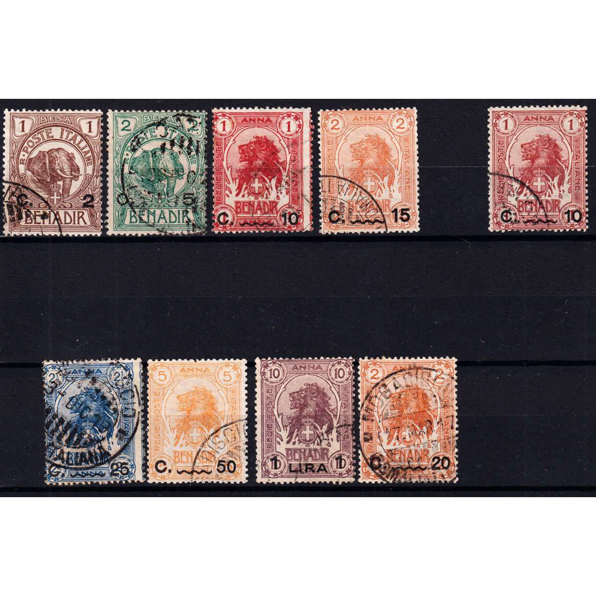 COLONIE 1906-07 SOMALIA ELEFANTE O LEONE SOPR. 8 VALORI + 12a US. ... COLONIE 1906-07 SOMALIA ELEFANTE O LEONE SOPR. 8 VALORI + 12a US. ...