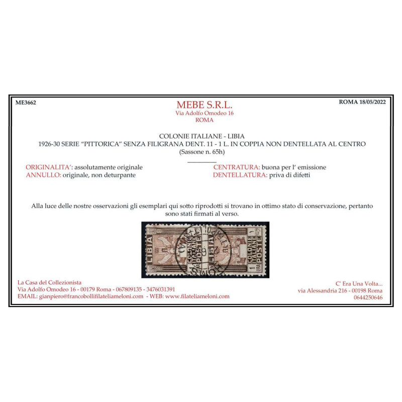 COLONIE 1926-30 LIBIA PITTORICA 1 LIRA COPPIA NON DENT VARIETA' n.6...