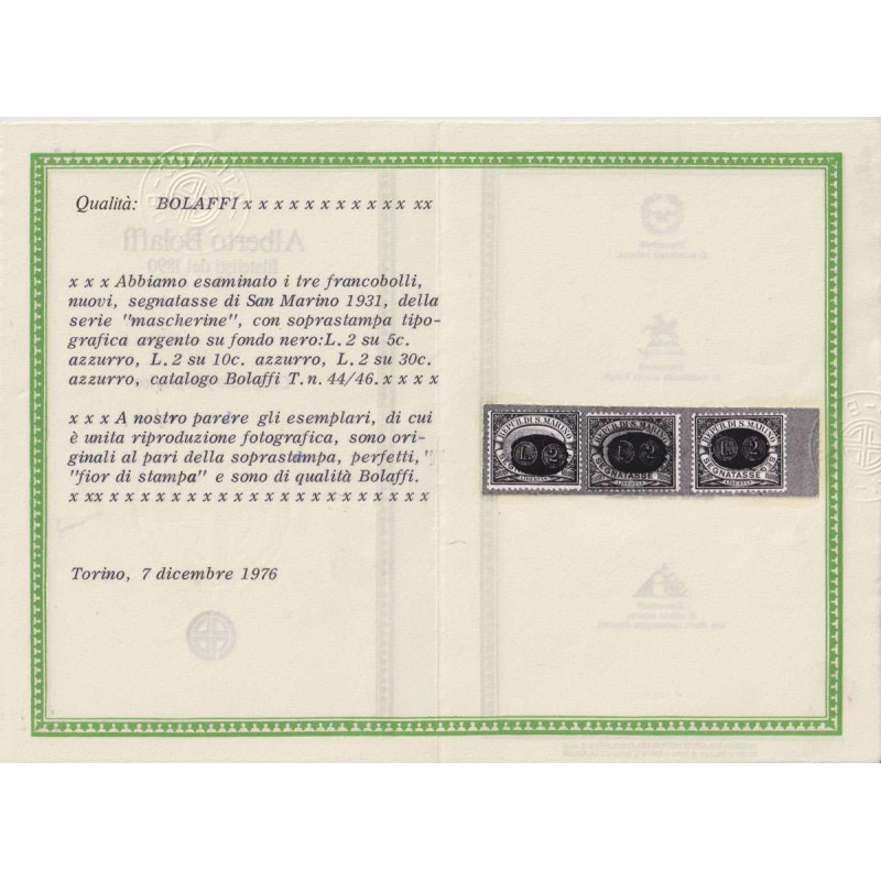 SAN MARINO 1931 SEGNATASSE MASCHERINE 15 V. N.32-46 G.I MNH** CERT....