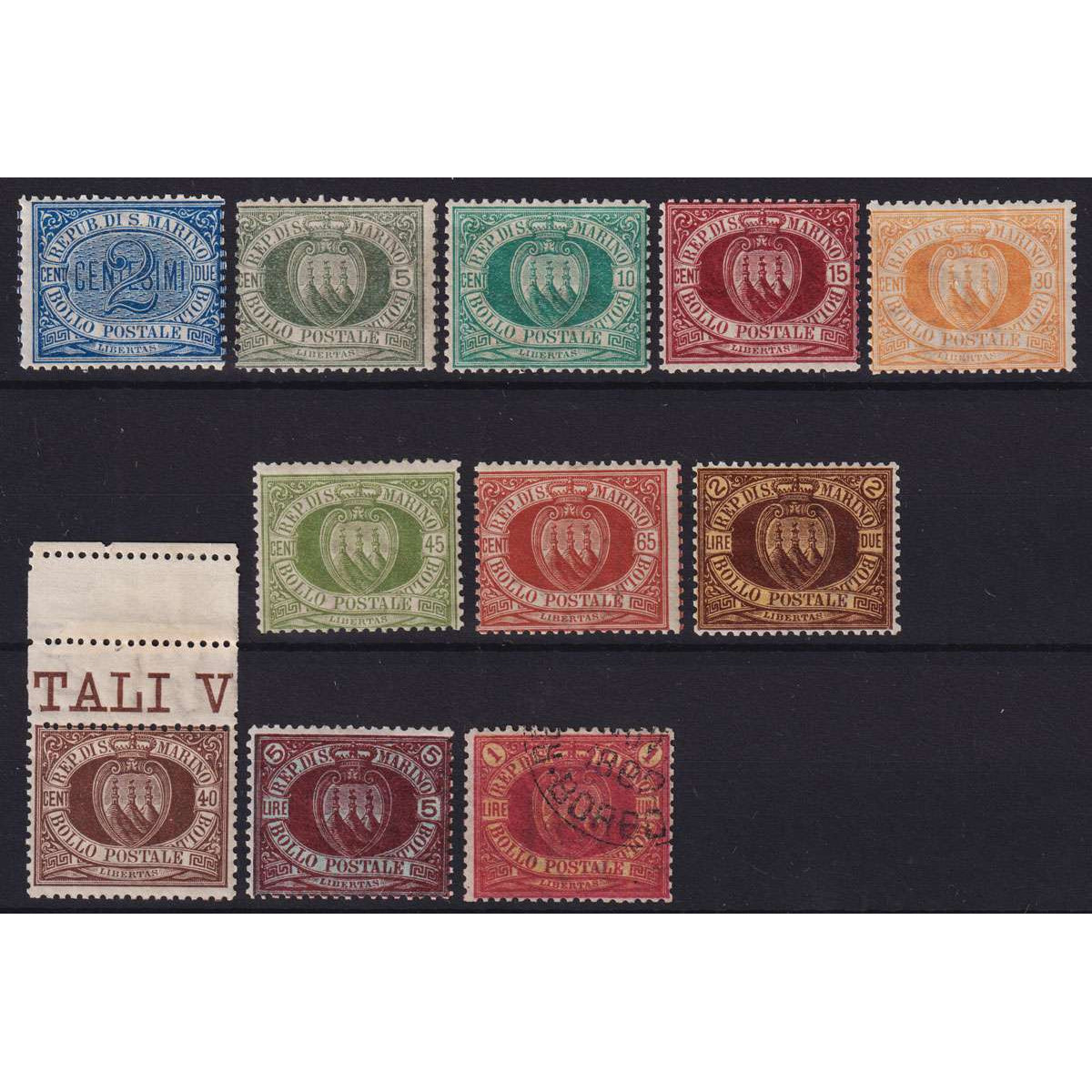 SAN MARINO 1892-94 STEMMI 11 VAL. G.I MNH** / G.O MH* / US. CERT. B... SAN MARINO 1892-94 STEMMI 11 VAL. G.I MNH** / G.O MH* / US. CERT. B...