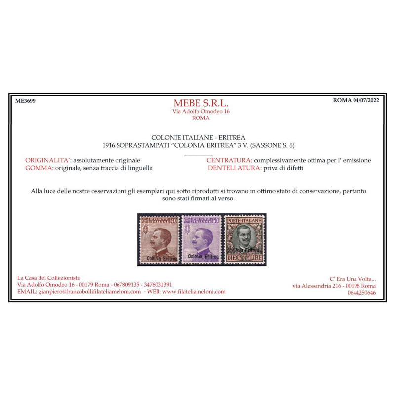 COLONIE ERITREA 1916 SERIE COMPLETA 3 VALORI G.I MNH** CERT. CENTRA...