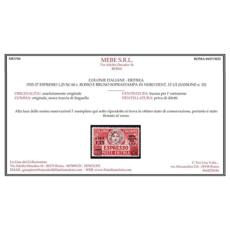 COLONIE ERITREA 1935-37 ESPRESSI 1,25 LIRE SU 60 CENT. N.10-11 G.I ...