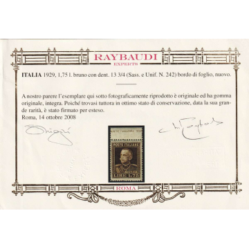 REGNO 1929 PARMEGGIANI 1,75 LIRE N.242 G.I. MNH** BORDO FOGLIO CERT...