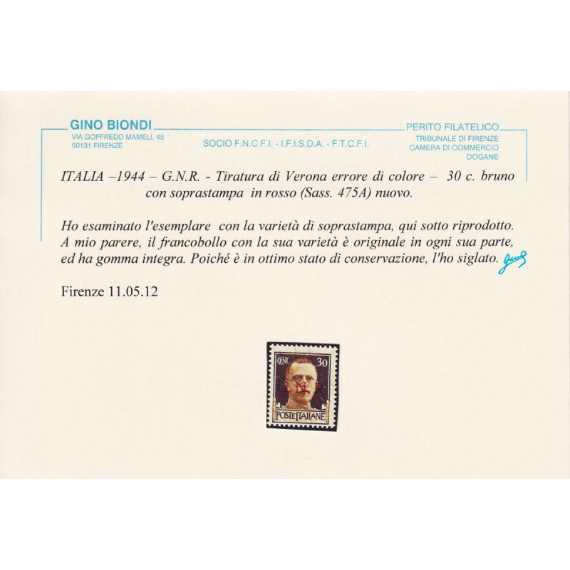 R.S.I 1944 30 CENTESIMI ERRORE DI COLORE N.475A G.I MNH** CERT.  | ...