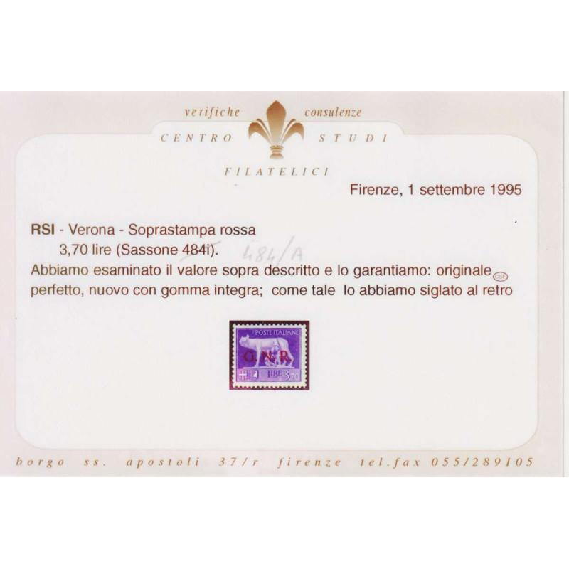 R.S.I 1944 3,70 LIRE ERRORE DI COLORE N.484A G.I MNH** CERT.  | Fil...