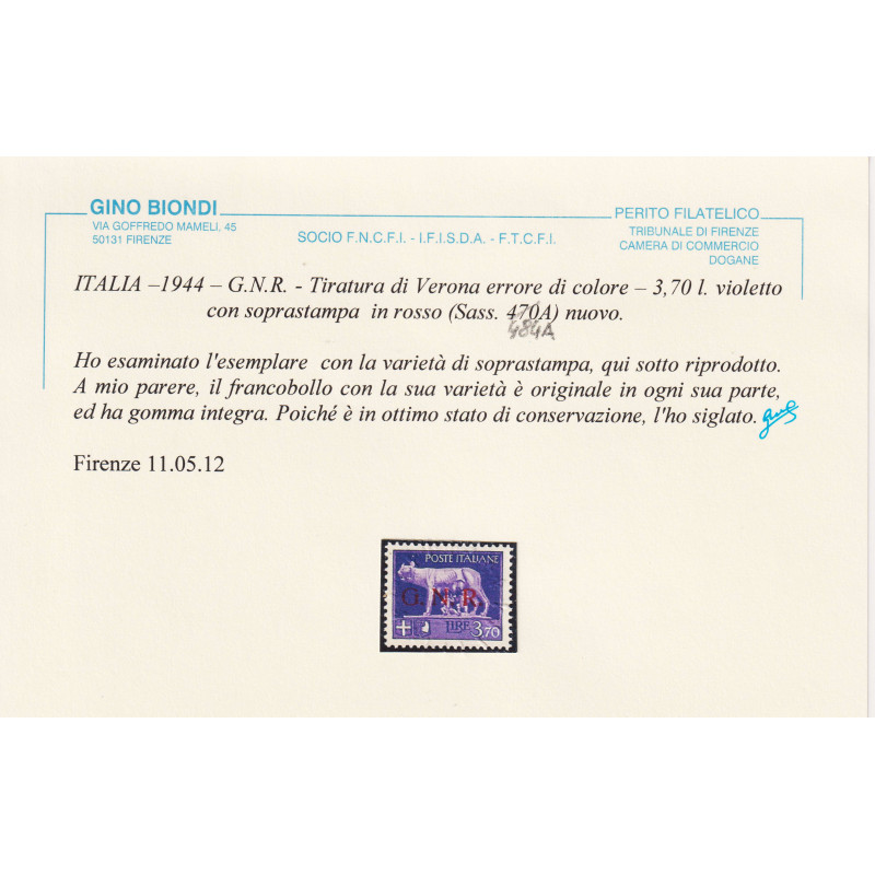 R.S.I 1944 3,70 LIRE ERRORE DI COLORE N.484A G.I MNH** CERT.  | Fil...