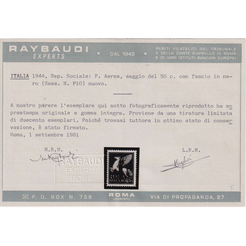 R.S.I 1944 P/A SAGGIO 25 C. E 50 C. N.P9-P10 G.I MNH** CERT.  | Fil...