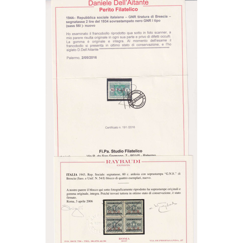 R.S.I 1944 SEGNATASSE G.N.R. BRESCIA 11 V. G.I MNH** 2 CERT.  | Fil...
