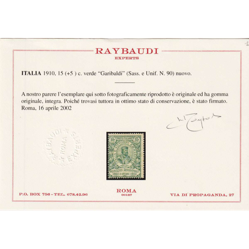REGNO D'ITALIA 1910 GARIBALDI 4 VALORI G.I MNH** CERT.  | Filatelia...